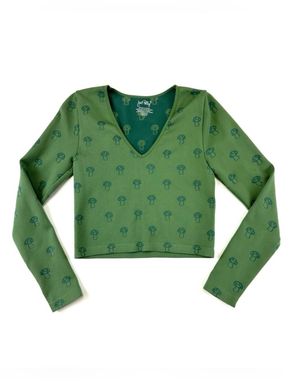 Just Polly mushroom crop top Large green jacquard print long sleeve Vneck Casual
